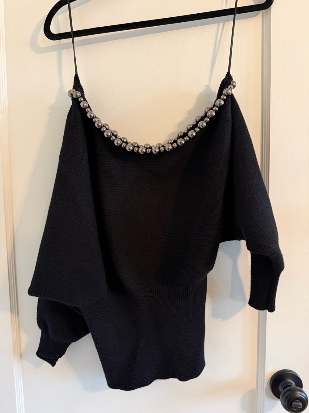 Zara Black Off-the-Shoulder Sweater with Silver Bead Trim